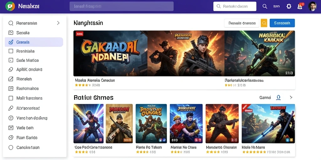 Screenshot aplikasi menunjukkan halaman beranda dengan berbagai pilihan permainan.